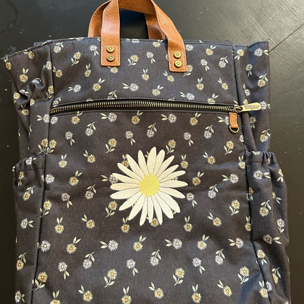 Navy blue Backpack with Floral Design and Structured Shape and small crossbody